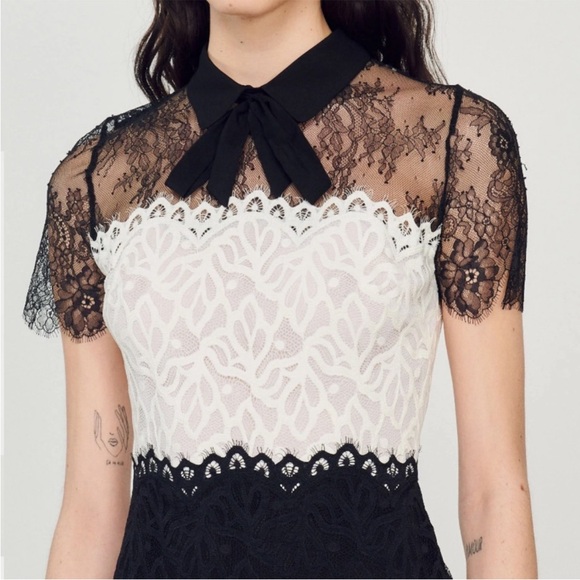 Sandro Rozen Short Sleeve Guipure Lace Mini Dress In Black/Ecru - Picture 3 of 15
